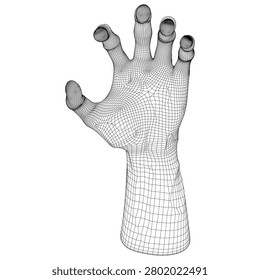 This illustration depicts an intricate wireframe model of the human , showcasing detailed fingers and knuckles with a focus on anatomical accuracy. The subject is set against a plain white background, emphasizing its structural design.