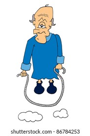 This illustration depicts a jumping comic elder man