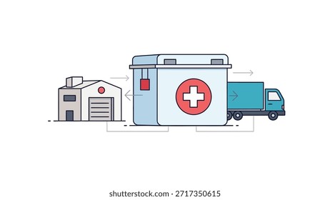 Esta ilustración muestra el proceso logístico de los suministros médicos, incluidas las instalaciones de almacenamiento, los camiones de reparto y el flujo de la cadena de suministro, esenciales para que los proveedores de atención médica y los hospitales garanticen