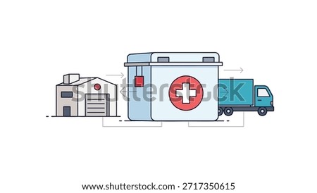 This illustration depicts the logistics process of medical supplies including storage facilities, delivery trucks, and supply chain flow, essential for healthcare providers and hospitals ensuring