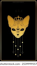 This illustration depicts a majestic golden cat with a delicate crown, featuring intricate facial designs and shimmering decorations. The black background enhances its enchanting allure.