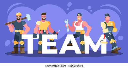 This illustration depicts male workers, a builder, an electrician, a plumber, and a house painter. They are dressed in protective clothing and are holding working tools, a sledgehammer, a screwdriver.