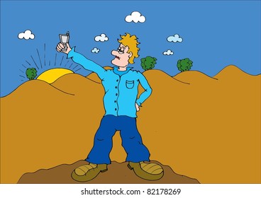 This illustration depicts a man with cell phone