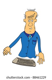 This illustration depicts  a man in panic with increasing graph lines on his forehead