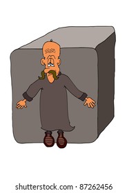 This illustration depicts a man pushing a big stone