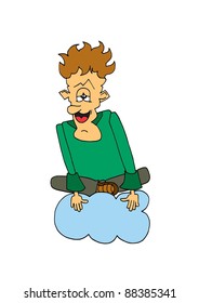 This illustration depicts a man sitting on a cloud