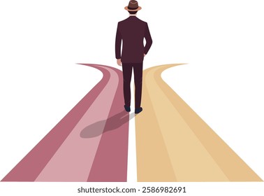 This illustration depicts a man standing at a fork in the road, symbolizing a moment of decision-making. Concept of making important life decisions.