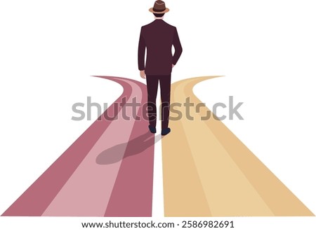 This illustration depicts a man standing at a fork in the road, symbolizing a moment of decision-making. Concept of making important life decisions.