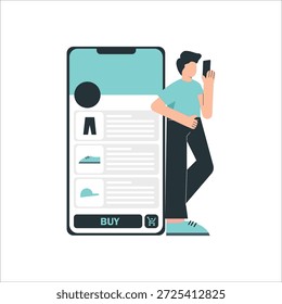 This illustration depicts a man using his smartphone to shop online on a large mobile phone screen. The image showcases a modern and sleek design, highlighting the convenience of mobile shopping and the importance of digital technology in everyday life.