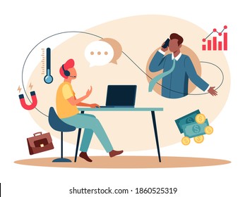 This illustration depicts a manager making a cold call, is the solicitation of business from potential customers who have had no prior contact with the salesperson conducting the call, attempt to conv