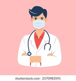 This illustration depicts a medical professional standing with arms crossed, wearing a white lab coat and a red shirt underneath.