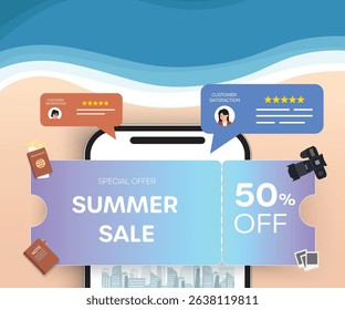 This illustration depicts a mobile phone showcasing a summer sale offer and customer reviews, surrounded by travel-related items on a beach, ideal for promoting online travel deals.