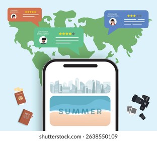 This illustration depicts a mobile phone showcasing a summer sale offer and customer reviews, surrounded by travel-related items on a beach, ideal for promoting online travel deals