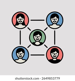 This illustration depicts a network connection represented by five circular profile icons connected by lines. 