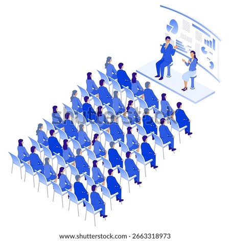 This illustration depicts a panel discussion at a corporate event or conference. A man and a woman are speaking in a dialogue format on stage, with a large audience listening attentively. 