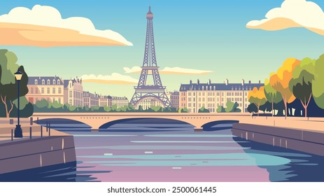 This illustration depicts Paris during the daytime, showcasing a breathtaking view of the Seine River with the iconic Eiffel Tower prominently featured in the background. 