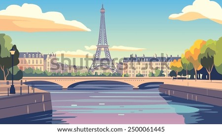 This illustration depicts Paris during the daytime, showcasing a breathtaking view of the Seine River with the iconic Eiffel Tower prominently featured in the background. 