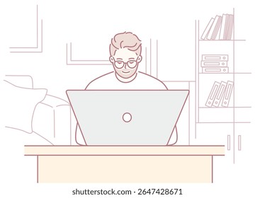 This illustration depicts a person deeply concentrating on their laptop while seated in a cozy home workspace setup