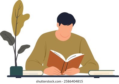 This illustration depicts a person sitting at a desk, deeply engaged in reading an open book.