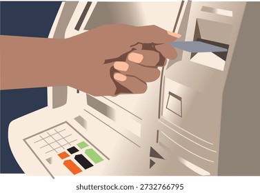 This illustration depicts a person using an Automated Teller Machine (ATM) to perform a variety of banking transactions, highlighting the convenience and accessibility of modern self-service banking. The individual interacts with the machine to withdraw cash, check account balances, make deposits, or transfer funds, emphasizing the ease of managing personal finances without visiting a bank branch. Designed to convey functionality, security, and efficiency, the artwork showcases the ATM interface, keypad, screen, and cash dispenser, providing a clear and informative visual representation suitable for educational, editorial, or commercial use. Ideal for digital media, print materials, infographics, banking brochures, websites, and financial blogs, this illustration communicates the benefits of automated banking solutions available 24 hours a day. It is perfect for content related to services, financial literacy, online and offline systems, personal finance management, and technological solutions in the financial sector. The depiction emphasizes user interaction, modern technology, and convenience, making it suitable for instructional guides, training materials, marketing campaigns, or promotional content for banks, credit unions, and institutions. Its clear, professional design ensures versatility for social media graphics, advertisements, presentations, or educational resources, effectively communicating the concept of fast, reliable, and accessible. The illustration combines technical accuracy with a visually engaging style, providing a helpful reference for designers, educators, and content creators aiming to showcase ATM usage, self-service, or cash management. By highlighting both the user and the machine, the artwork illustrates the growing importance of automated services in everyday life, supporting themes of convenience, security, and modern technology in the industry. Overall, this vector artwork offers a practical, professional.