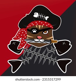 This illustration depicts a pirate cat biting a knife to showcase its ferocity, accompanied by a black and red color theme to make the image more intimidating.