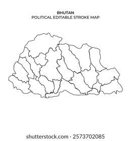 This illustration depicts the political boundaries of Bhutan, showcasing its various administrative divisions. The design features a clear stroke map for easy editing and reference.