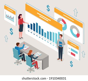 This illustration depicts a professional management team preparing an annual analytical report