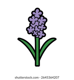 This illustration depicts a purple hyacinth flower in full bloom, with bright green, pointed leaves sprouting from a terracotta pot against a bright white backdrop.