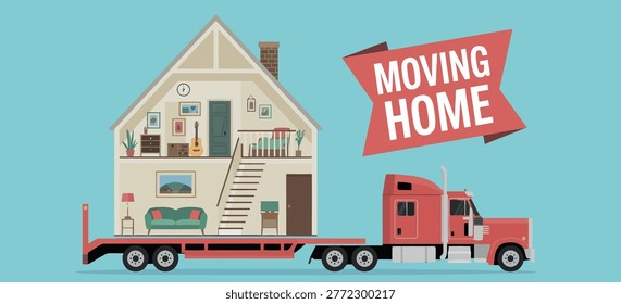 This illustration depicts a red moving truck carrying a house section, signifying a complete home moving process.
