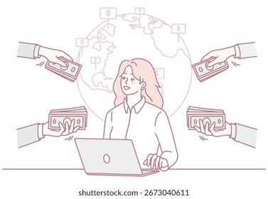 This illustration depicts remote working, showcasing global financial transactions with a woman typing at her laptop