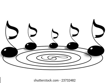 This illustration depicts a rounded score with 3d music notes