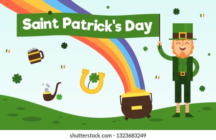 This illustration depicts Saint Patrick, wearing a green hat and a green jacket, they symbolize spring and the trefoil. Also, on the illustration, there is a rainbow, pot of gold, a smoking pipe, 