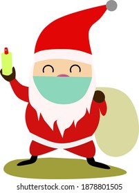 This illustration depicts Santa Claus holding a hand sanitizer and wearing a surgical face mask.