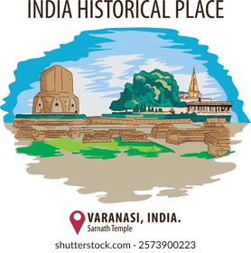 This illustration depicts Sarnath Temple, a significant Buddhist pilgrimage site in Varanasi, India. The image showcases the iconic stupa and surrounding structures.