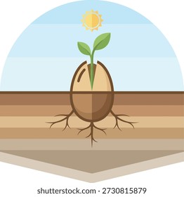 This illustration depicts a seed sprouting from the soil under sunlight, symbolizing growth, life cycles, and the beginning of the spring season during the equinox. The visible roots and soil layers represent earth structure and plant development, while the small plant reaching upward highlights renewal and environmental balance.