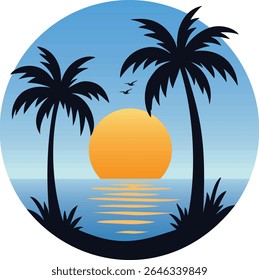 This illustration depicts a serene sunrise scene featuring the silhouettes of palm trees against a vibrant sky. 