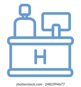 Esta ilustración representa un esquema simple de la recepción de un hotel con un recepcionista y un monitor de computadora. El mostrador lleva la letra H, que indica que se trata de la recepción de un hotel.