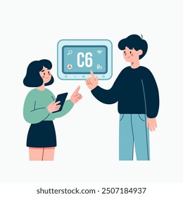 This illustration depicts a simple vector-style scene of two people interacting with a touch-screen thermostat, representing the modern convenience of smart home technology
