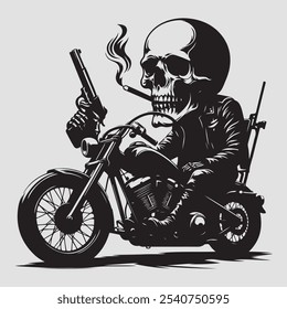 This illustration depicts a skeleton riding a motorcycle. The skeleton is wearing a cowboy hat and smoking a cigarette. The motorcycle is a chopper style with flames coming out of the exhaust pipes.
