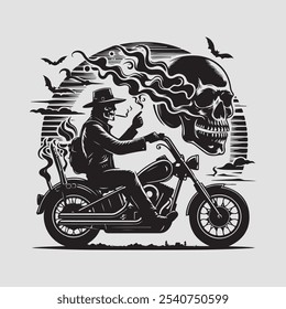 This illustration depicts a skeleton riding a motorcycle. The skeleton is wearing a cowboy hat and smoking a cigarette. The motorcycle is a chopper style with flames coming out of the exhaust pipes.