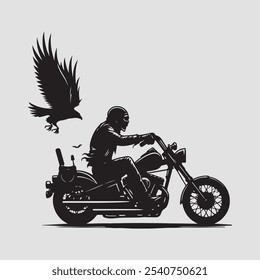 Esta ilustração mostra um esqueleto andando de moto. O esqueleto está usando um chapéu de cowboy e fumando um cigarro. A motocicleta é um tipo de helicóptero com chamas saindo dos tubos de escape.