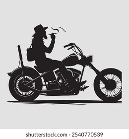 This illustration depicts a skeleton riding a motorcycle. The skeleton is wearing a cowboy hat and smoking a cigarette. The motorcycle is a chopper style with flames coming out of the exhaust pipes.