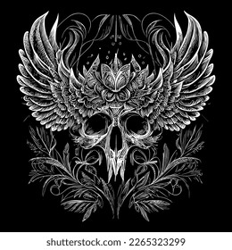 This illustration depicts a skull head with intricately detailed feathers extending into wings. The juxtaposition of death and life creates a hauntingly beautiful image