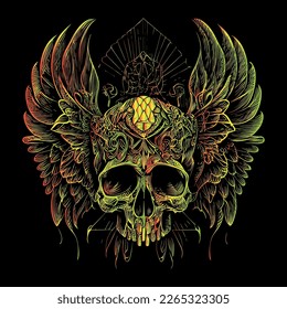 This illustration depicts a skull head with intricately detailed feathers extending into wings. The juxtaposition of death and life creates a hauntingly beautiful image