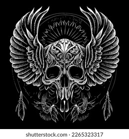 This illustration depicts a skull head with intricately detailed feathers extending into wings. The juxtaposition of death and life creates a hauntingly beautiful image svg