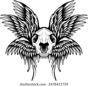 This illustration depicts a skull head with intricately detailed feathers extending into wings. The juxtaposition of death and life creates a hauntingly beautiful image