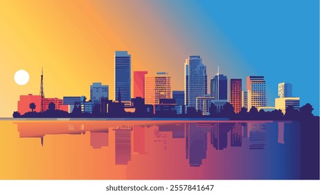 This illustration depicts the skyline of Sacramento, California, at sunset, offering a stunning visual of the city’s modern architecture reflected on the water. 