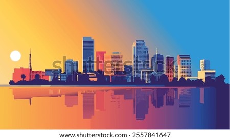 This illustration depicts the skyline of Sacramento, California, at sunset, offering a stunning visual of the city’s modern architecture reflected on the water. 