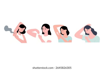 Esta ilustração retrata os estágios de uma mulher que experimenta sudorese e desconforto em suas axilas.