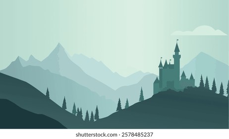 This illustration depicts the stunning Neuschwanstein Castle, located in the Bavarian Alps of Germany, standing tall against a misty mountain backdrop